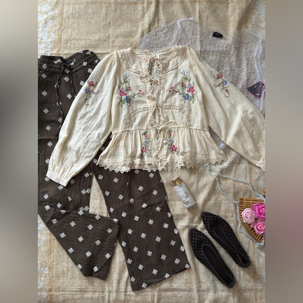 Ivory Nude Embroidered Peasant Blouse with Lace Ties - Picture 5 of 12